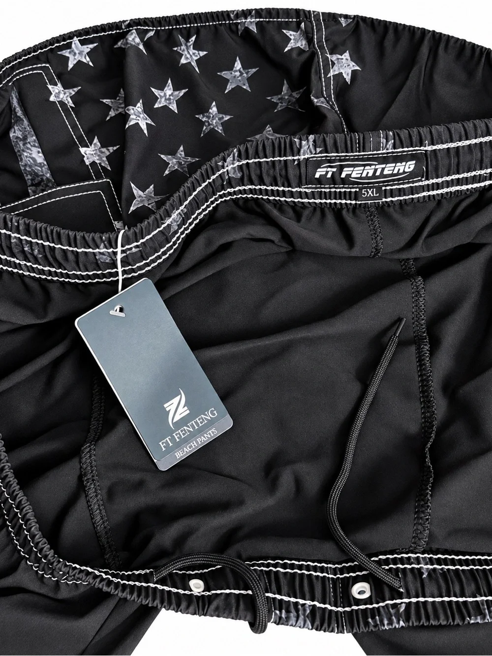 FT FENTENG Black Men's Swim Board Shorts with Flag Print